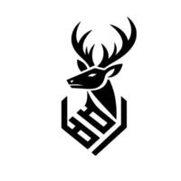 Bold black and white stag design geometric deer head with powerful antlers and stylized emblem, perfect for branding. vector