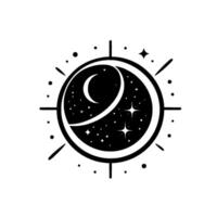 A celestial black and white minimalist of a crescent moon within a starry night sky contained inside a radiating circular frame with starburst embellishments. vector