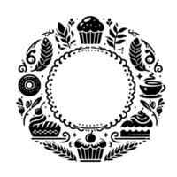 Black and white circular with pastries and foliage, featuring a central empty space for text or imagery, perfect for bakery branding. vector