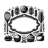 Detailed monochrome bakerythemed illustration with decorative elements, wheat, pastries, and an oval blank space for text or logo. vector