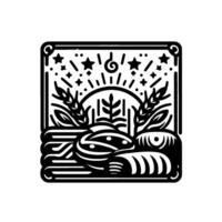 Geometric monochrome illustration of nature with wheat, stylized plants, and celestial elements inside a decorative frame. vector