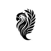 Minimalist black and white logo stylized parrot with feathered tail and dynamic lines on isolated white background. vector