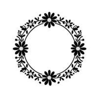 Black and white floral wreath, a symmetrical circular with daisies, leaves, and accents, on a white background. vector