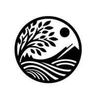 Black and white circular featuring a tree, mountains, sun, and stylized water or fields representing natures harmony. vector