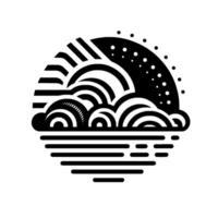 Abstract geometric sunset scene black and white of sun, clouds, and water in a circular composition. vector