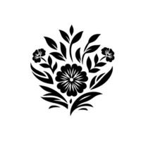 A symmetrical black and white floral arrangement featuring a large central flower, smaller blooms, and leaves, set against a plain white background. vector
