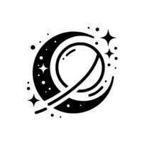 Cosmic lunar orbit abstract celestial with crescent, planet, stars, and trail in bold black and white. vector