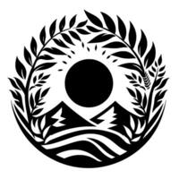 A stylized black and white nature illustration featuring a circle frame of leaves, sun, mountains and water. vector