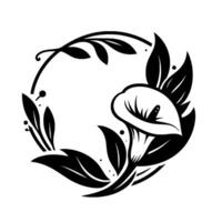 Elegant black and white calla lily floral arrangement in a circular frame with leaves and details. vector
