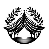 Stylized black and white illustration of an openair pavilion with a peaked roof, encircled by leafy branches. vector