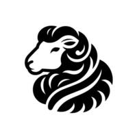 Stylized black and white sheep head portrait, minimalist with curly horns, isolated on white, clean lines. vector