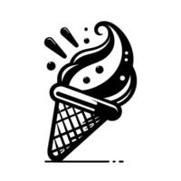A stylized monochrome illustration of an ice cream cone, featuring swirling soft serve, dripping embellishments and detailed waffle cone. vector