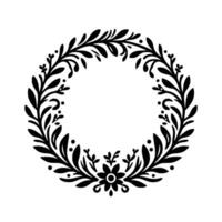 Elegant black floral wreath on white backdrop with leaves, dots and single center flower, perfect circle design. vector