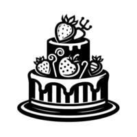 Twotiered strawberry cake in a minimalist black and white style featuring drips and decorative elements. vector