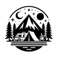 Black and white circular illustration of a campsite under a starry night sky with a mountain, crescent moon, rv, and campfire. vector