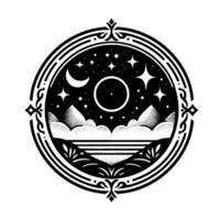 Intricate black and white circular illustration night sky with stars, crescent moon, mountain range, cloudscape, and decorative border. vector