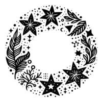 Circular black and white illustration of a wreath featuring stars, leaves, and dots, creating a whimsical, festive, and decorative design. vector