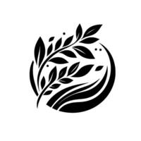 Elegant black and white botanical featuring stylized leaves, branches, and organic shapes enclosed within a circular frame, embodying nature. vector