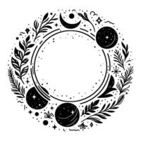 Celestial botanical illustration with black and white circular featuring leaves, stars, moons, and planets around a central open space. vector