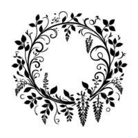 Black and white circular floral featuring leaves, wisteria, and decorative swirling vines with a blank white background, minimalist and elegant. vector