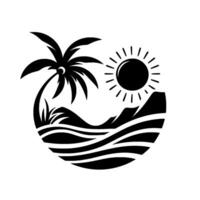 Black and white stylized tropical landscape, featuring palm tree, sun, ocean waves, and mountains enclosed within a circular frame. vector
