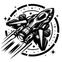 A sleek, black and white illustration of a futuristic spaceship blasting off amidst stars and a circular, stylized orbital design. vector