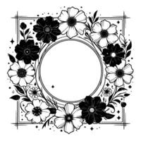Intricate black and white floral wreath with empty center frame and geometric border, embellishments. vector
