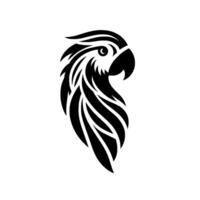 Black and white stylized parrot head silhouette with geometric feather details on a clean white background. vector