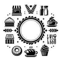 Black and white circular bakery arrangement with food items, shopfronts, and a central blank dotted circle for branding or text. vector