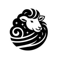 Black and white stylized sheeps head with starry wool design, smiling, circular composition, minimalist art. vector