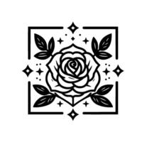 Intricate black and white floral design a symmetrically arranged rose and leaves within a square frame, adorned with geometric accents and celestial elements. vector