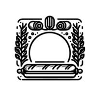Vectorized bakery emblem with bread rolls, wheat, and a blank central circle, a stylized in black and white. vector