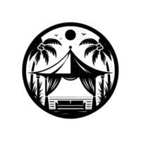 Circular black and white illustration of a tropical gazebo with palm trees and moon, suggesting relaxation and escape vector