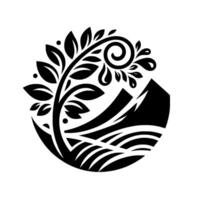 Minimalist black and white emblem of a mountain landscape with a spiraling tree, nestled in a circular frame. vector
