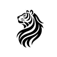 Minimalist black and white illustration of a stylized tiger head, showcasing stripes and a smooth curved mane, set against a white background. vector