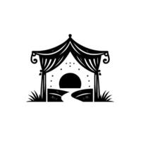 Artistic, monochromatic illustration of a stylized pagoda structure with curtains, a path, and a prominent sun shape within its arch, set against a blank white background. vector