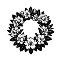 Monochromatic floral wreath featuring detailed azalea flowers and leaves arranged in a circular pattern on a white background. vector