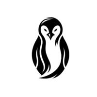 Simplified, bold penguin in black and white, featuring a symmetrical design, and a serene, focused expression on a white background. vector