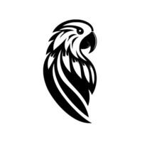 Illustration of a stylized parrot head, emphasizing contrasting black white feathers with intricate on a solid white background. vector