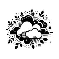 Stylized black white cloudscape with leaves, flowers, and dots, a modern, abstract art composition. vector