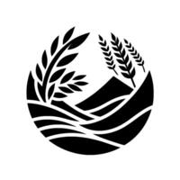 Minimalist black and white circular emblem depicting wheat, hills and mountain landscape. vector