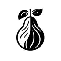 Illustration of a stylized pear with leafy stem, split vertically in black white, on a gradient background. vector