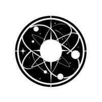 Intricate black white astronomical illustration cosmic orbits, stars, and celestial spheres within a circular framework. vector