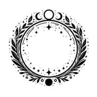 Celestial wreath intricate black and white featuring moon phases, stars, and leafy branches forming a circular frame. vector