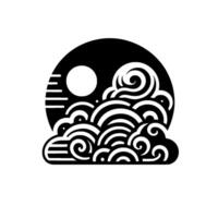 Abstract black white japaneseinspired featuring sun, clouds, ocean waves within a circular frame. vector