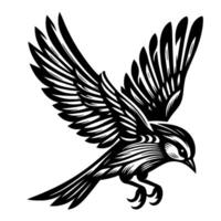 A stylized black and white illustration of a bird in midflight, wings spread, descending towards the viewer. vector