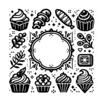 Vectorstyle black and white of an assortment of baked goods and floral elements surrounding a central blank frame. vector