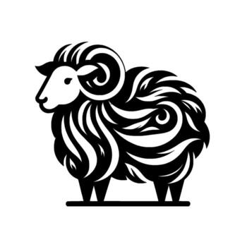 ilustración de un estilizado RAM en negro y blanco, con arremolinándose patrones creando un texturizado Saco y prominente cuernos en contra un blanco antecedentes. vector