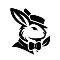 A sophisticated, stylized black and white illustration of a dapper rabbit in a top hat and bow tie, hinting at charm. vector