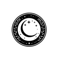 Intricate black and white circular emblem featuring a crescent moon, stars, leafy branches, and a decorative border against a white background. vector